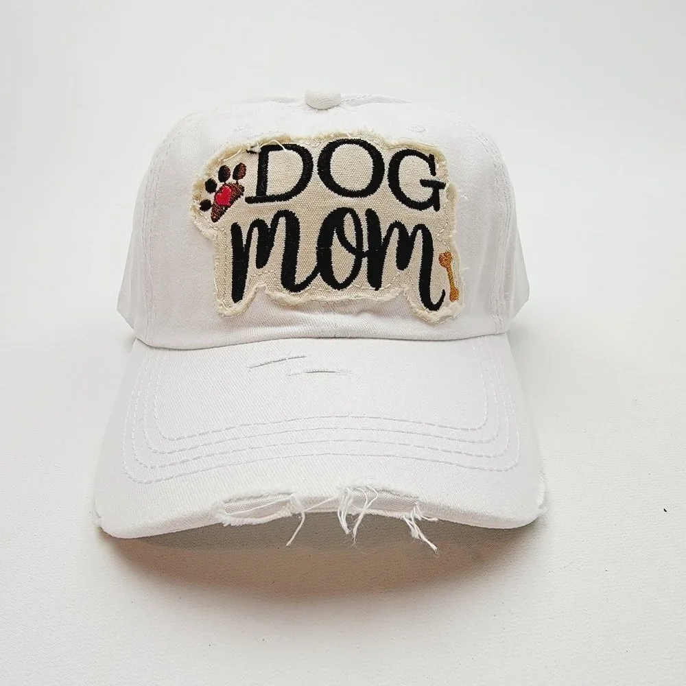 Dog Mom Distressed Relaxed Buckle Strap Full Cover Baseball Hat Cap White